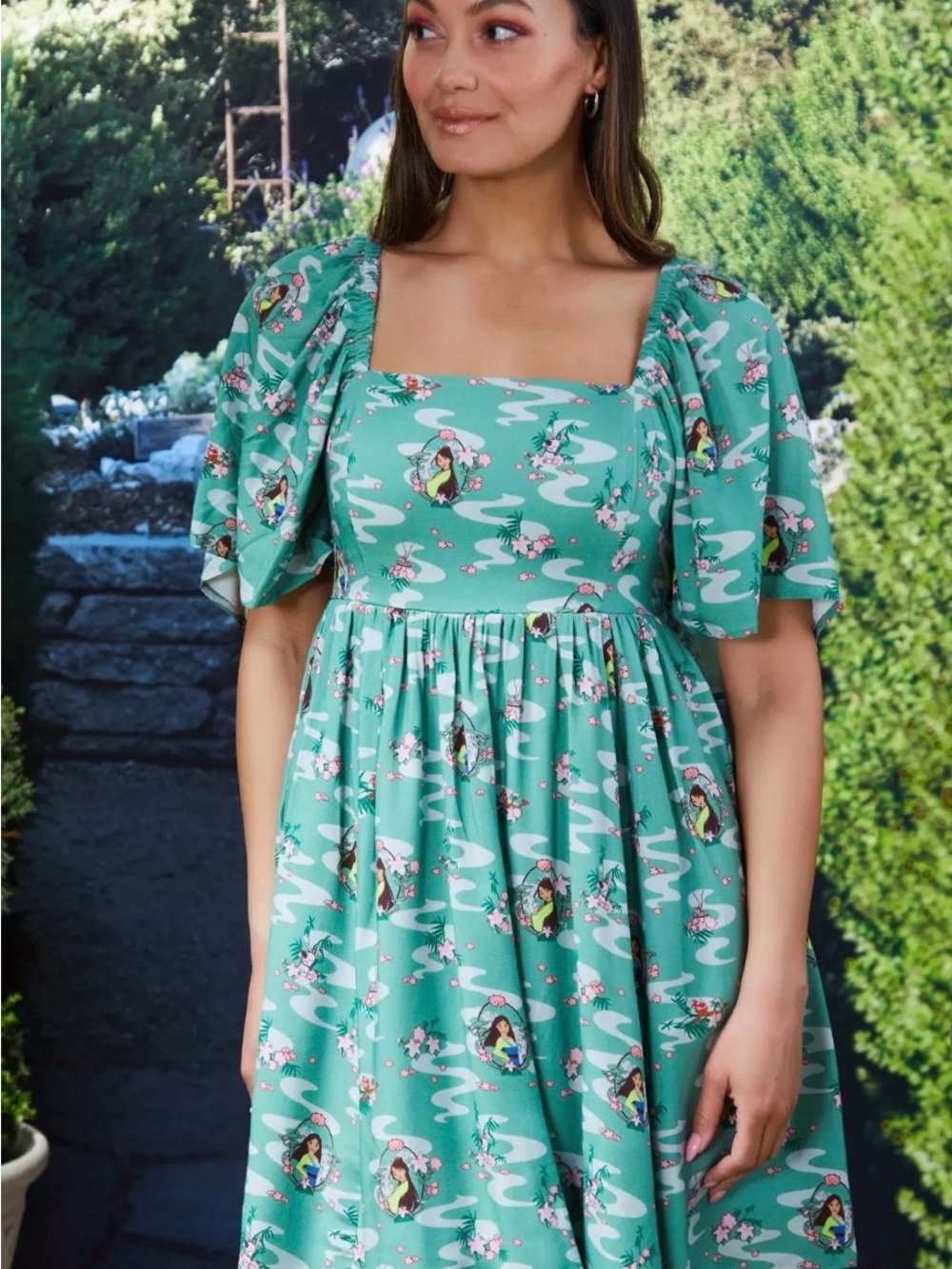 Disney Mulan Princess Mint Green Floral Puff-Sleeve Midi Dress - Picture 16 of 16